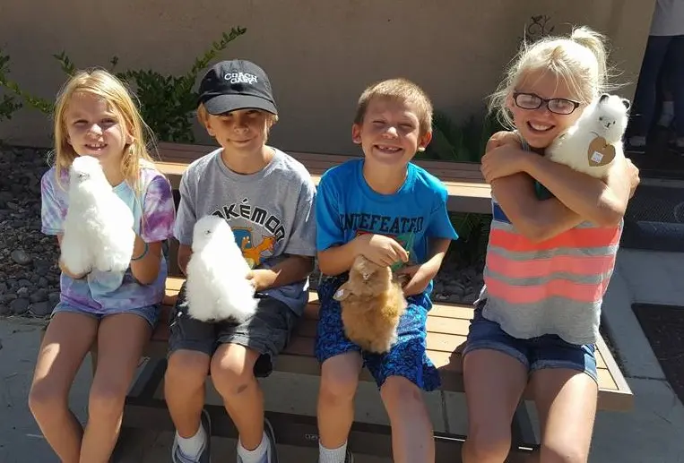 Four kids with alpaca toys